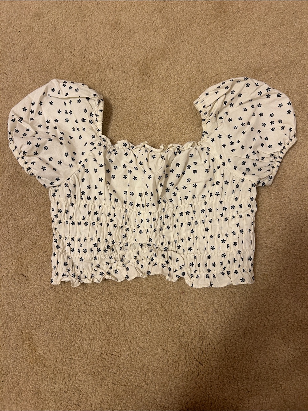 Zara White Smocked Crop Top with Black Floral